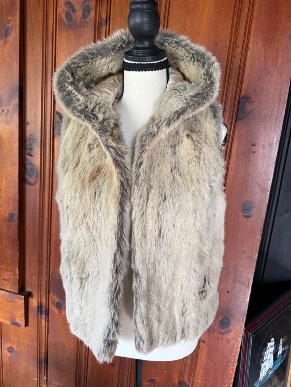 Vintage Ralph Lauren Hooded Faux Fur Vest in Taupe and Gray